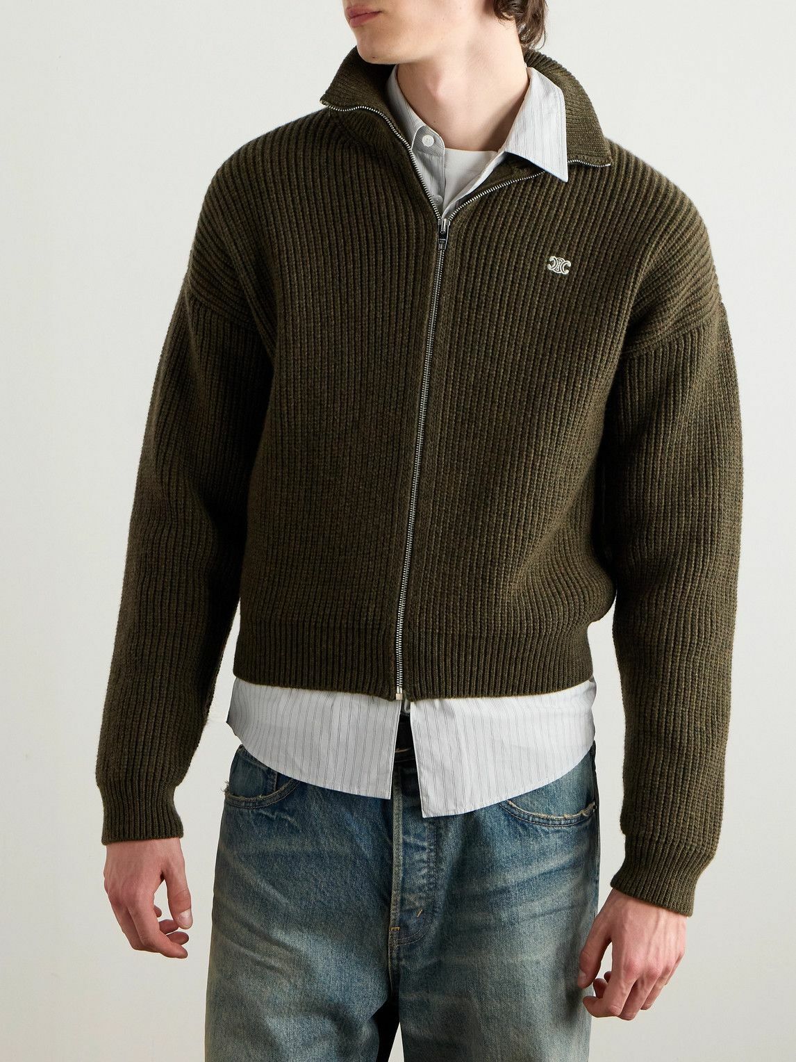 CELINE - Logo-Embroirdered Ribbed Wool Zip-Up Cardigan - Green
