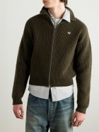 CELINE - Logo-Embroirdered Ribbed Wool Zip-Up Cardigan - Green