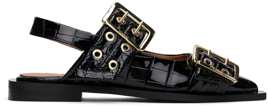 【送関込】Ganni☆Crocodile print patent leather ballerinas GANNI Black Croco Patent Buckle Ballerina Flats GANNI