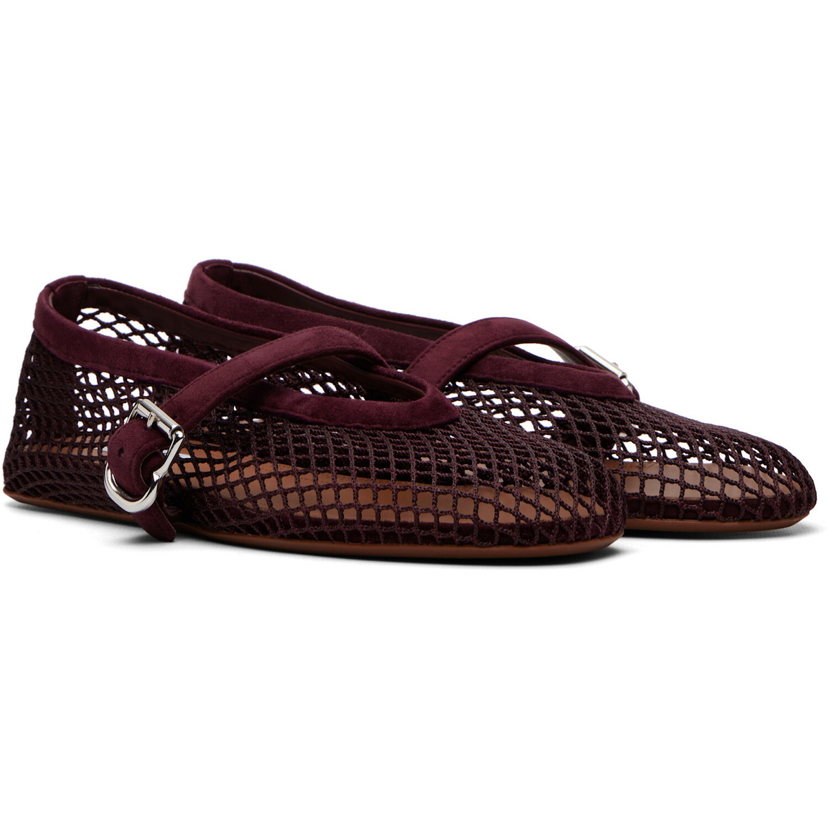 ALAÏA Burgundy Fishnet Suede Ballerina Flats