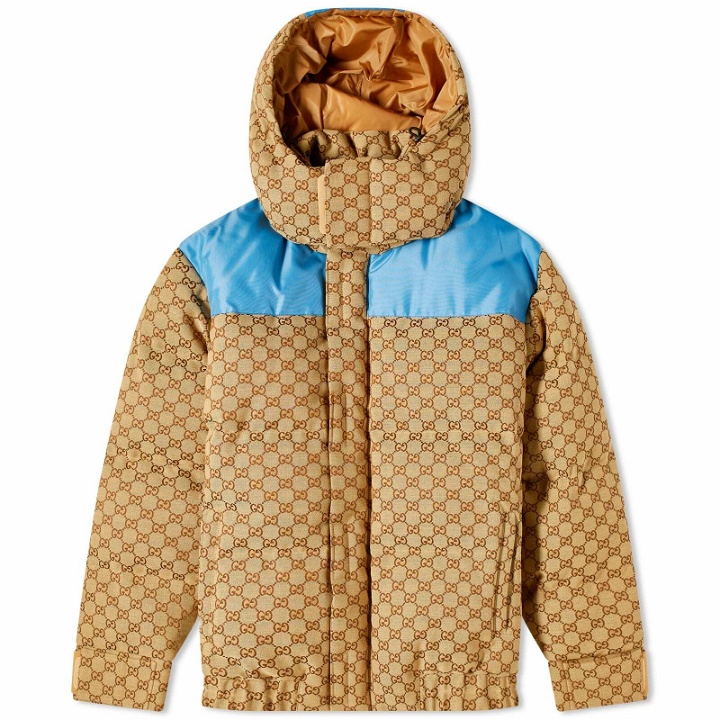 Photo: Gucci Men's GG Jacquard Hooded Down Jacket in Camel