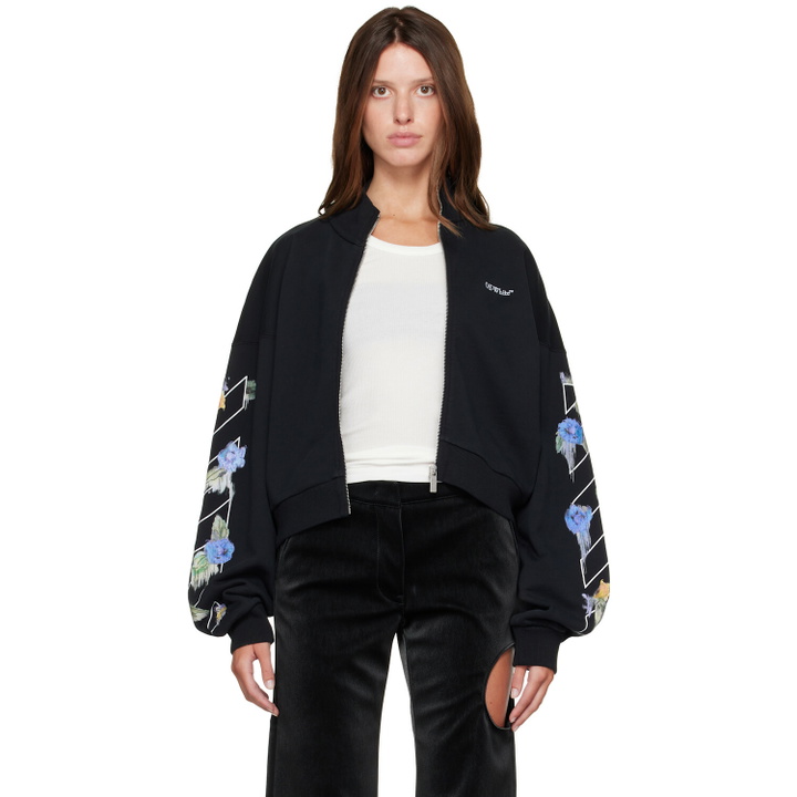 Photo: Off-White Black Embroidered Arrow Out Flower Zipup Sweatshirt