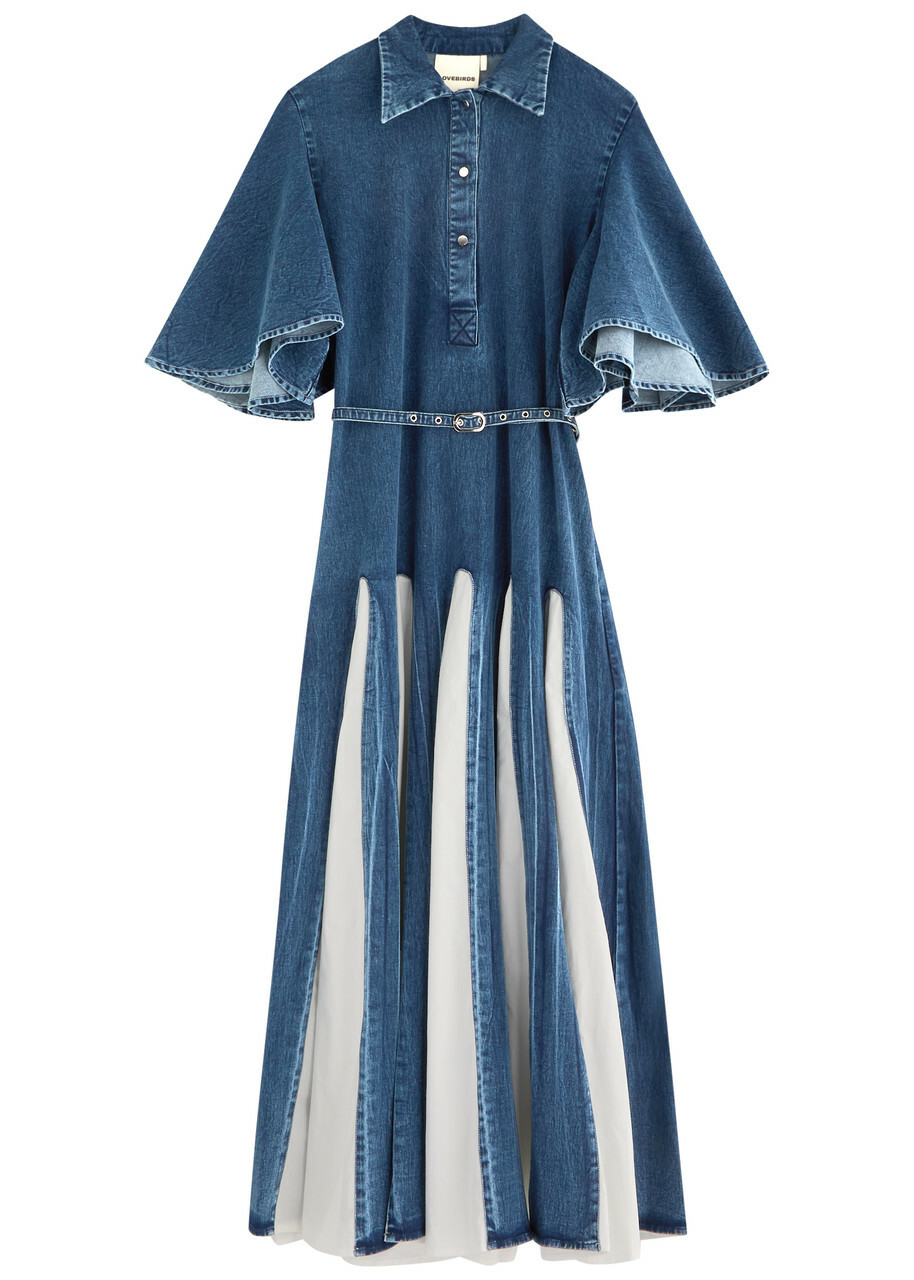 Lovebirds Panelled Denim and Cotton-poplin Midi Dress Blue