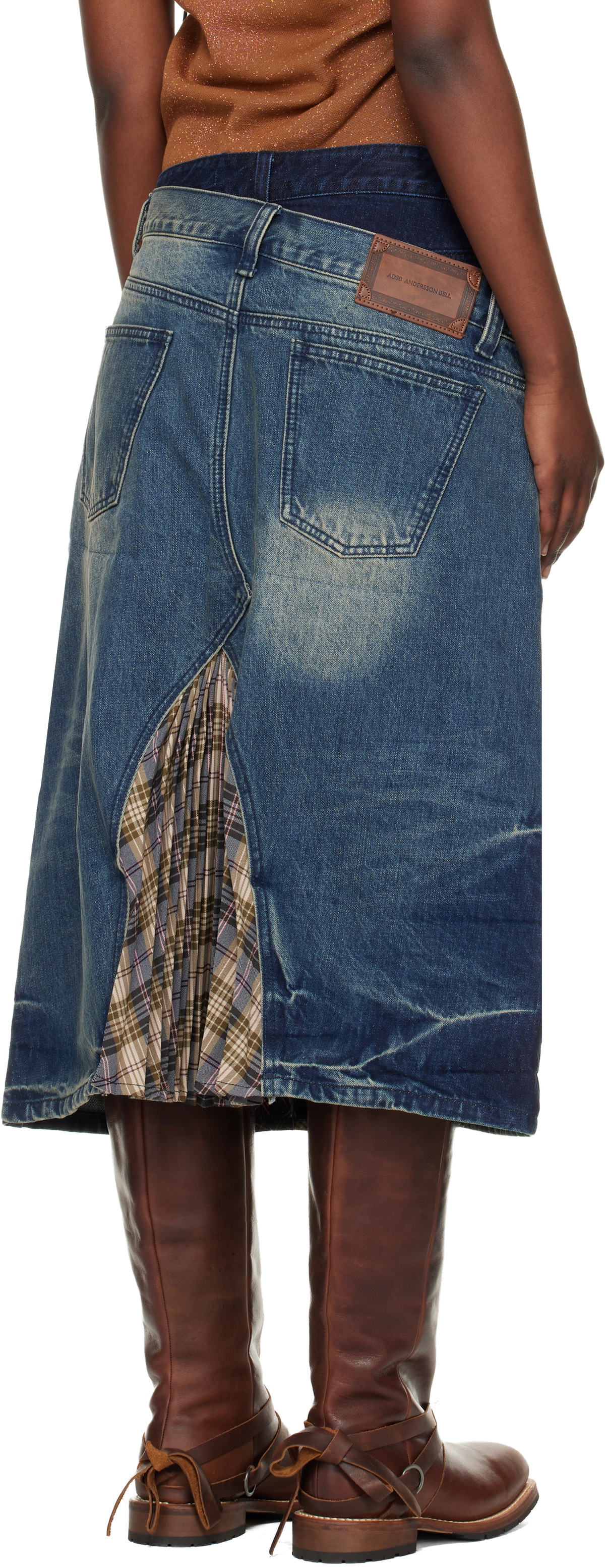 Andersson Bell Blue & Khaki Pleats Combo Flipped Denim Midi Skirt