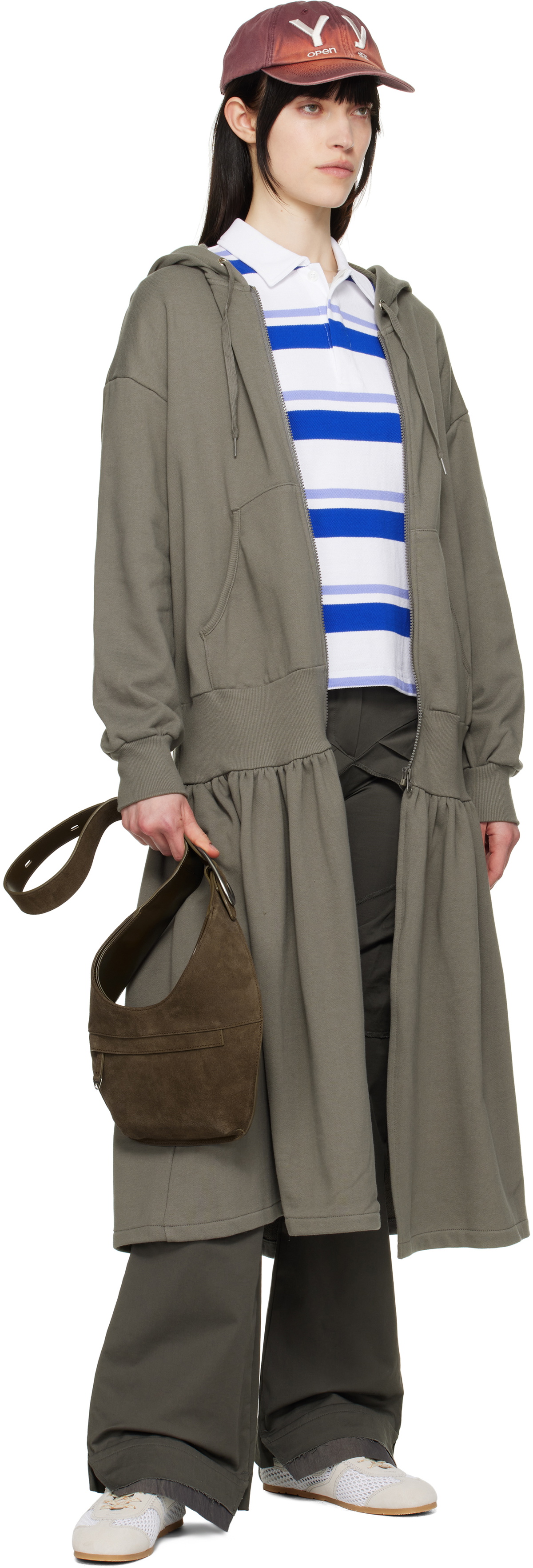 OPEN YY Gray Jersey Shirring Hoodie Midi Dress