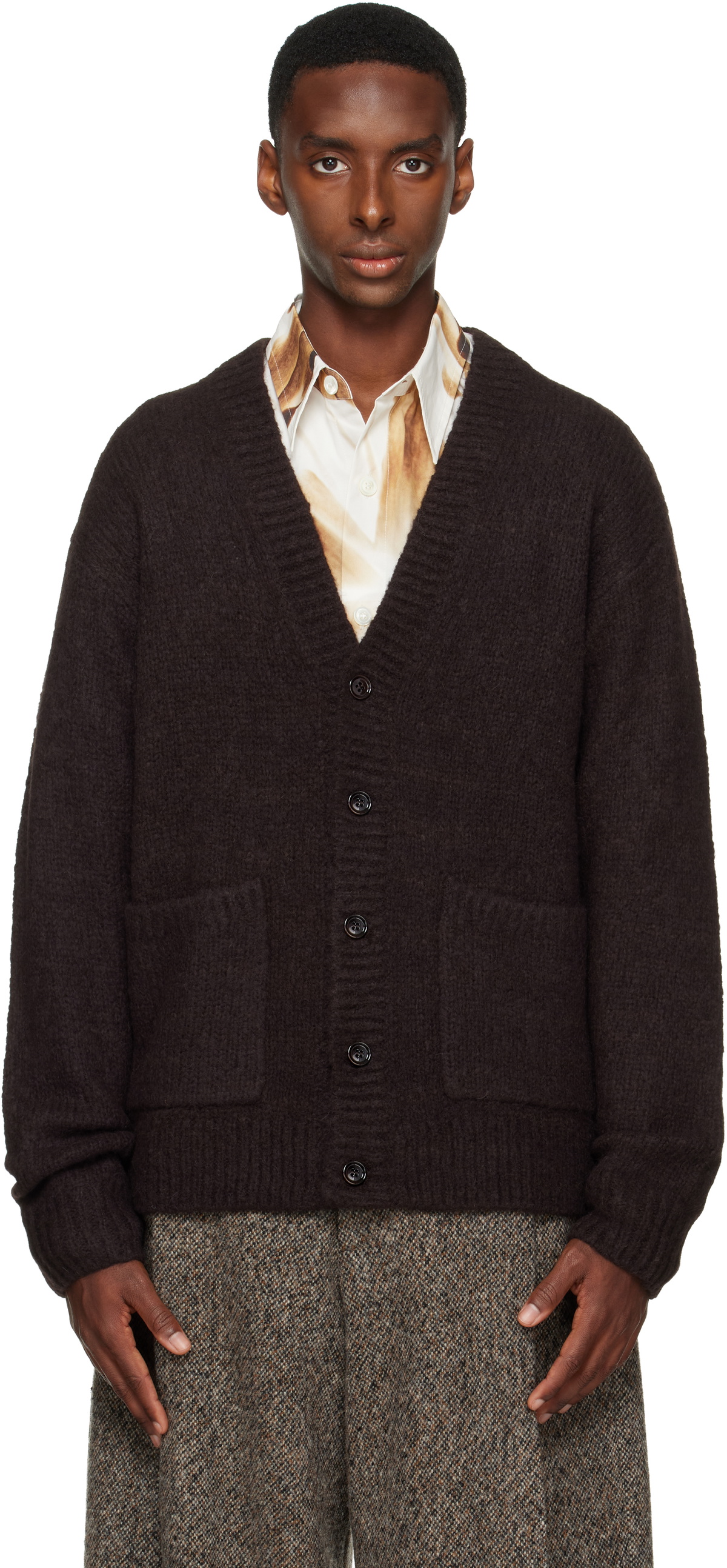 Dries Van Noten Men's Mounia Marl Cardigan in Brown Dries Van Noten