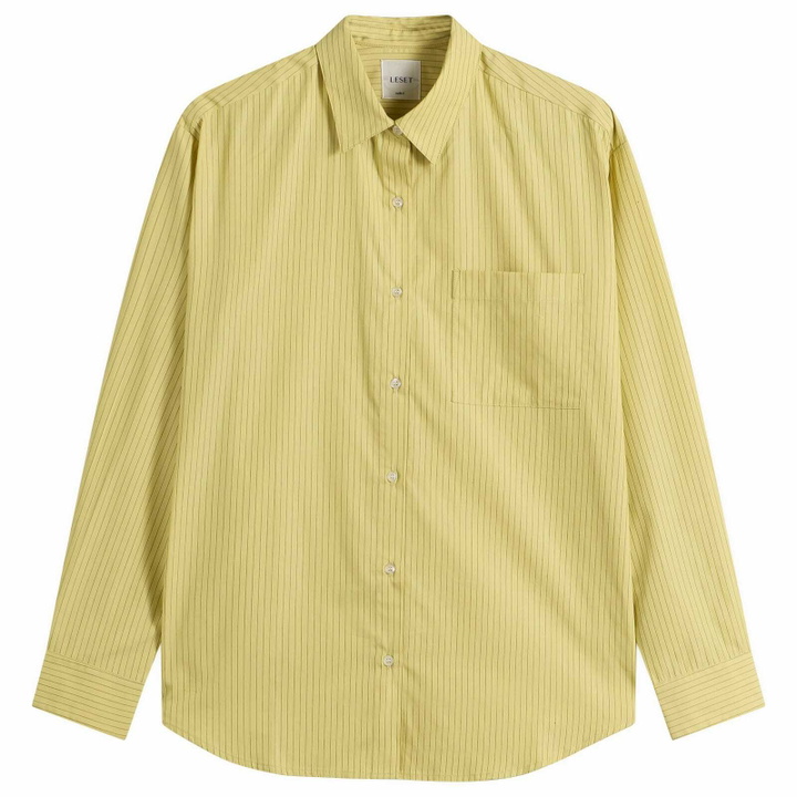 Photo: LESET Women's Yoshi Classic Button Down Shirt in Lemon/Chocolate Stripe