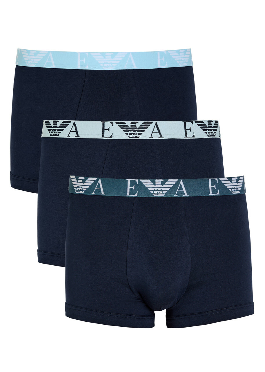 Emporio Armani Logo Stretch-cotton Trunks set of Three Blue