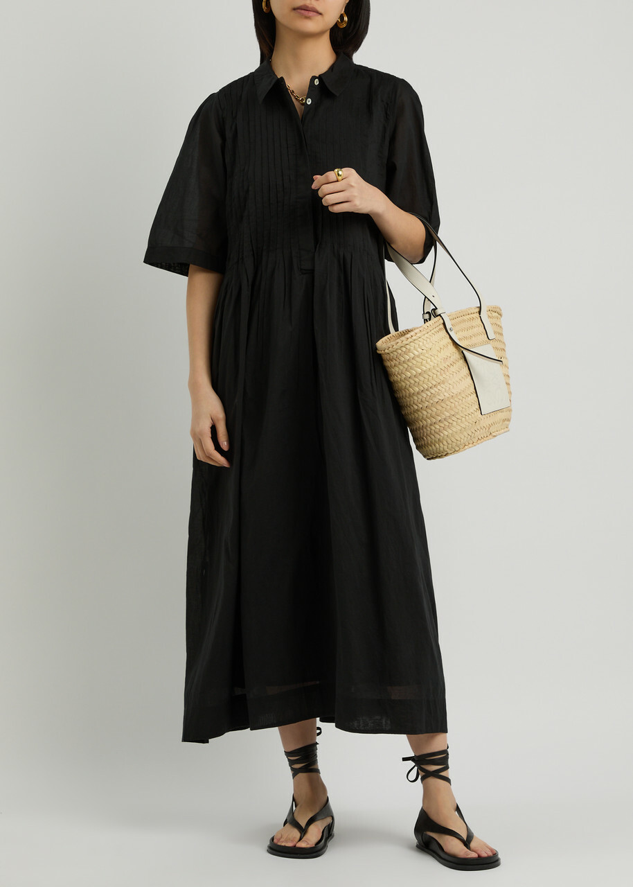 Skall Studio Dot Pintuck Cotton Midi Shirt Dress Black