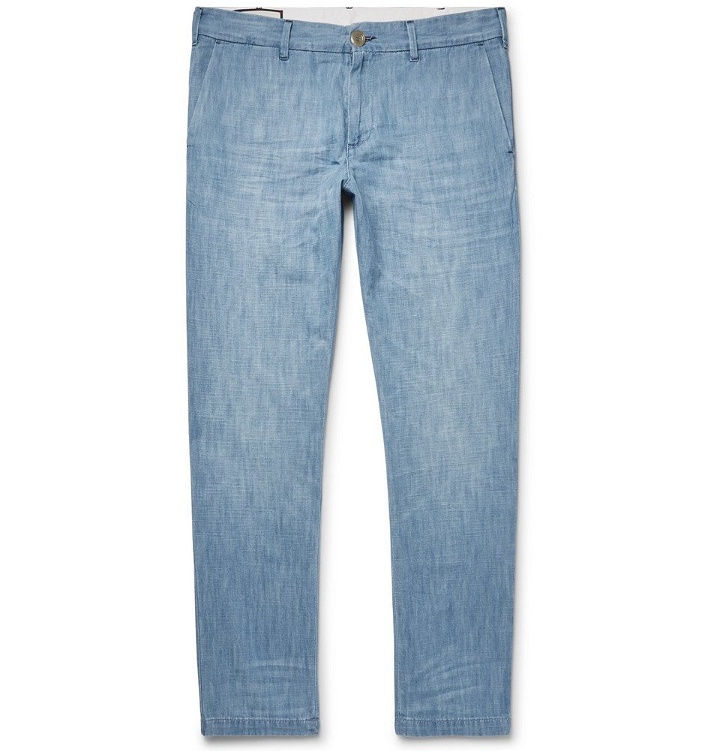 Photo: Gucci - Cropped Slim-Fit Embroidered Cotton-Chambray Trousers - Men - Blue