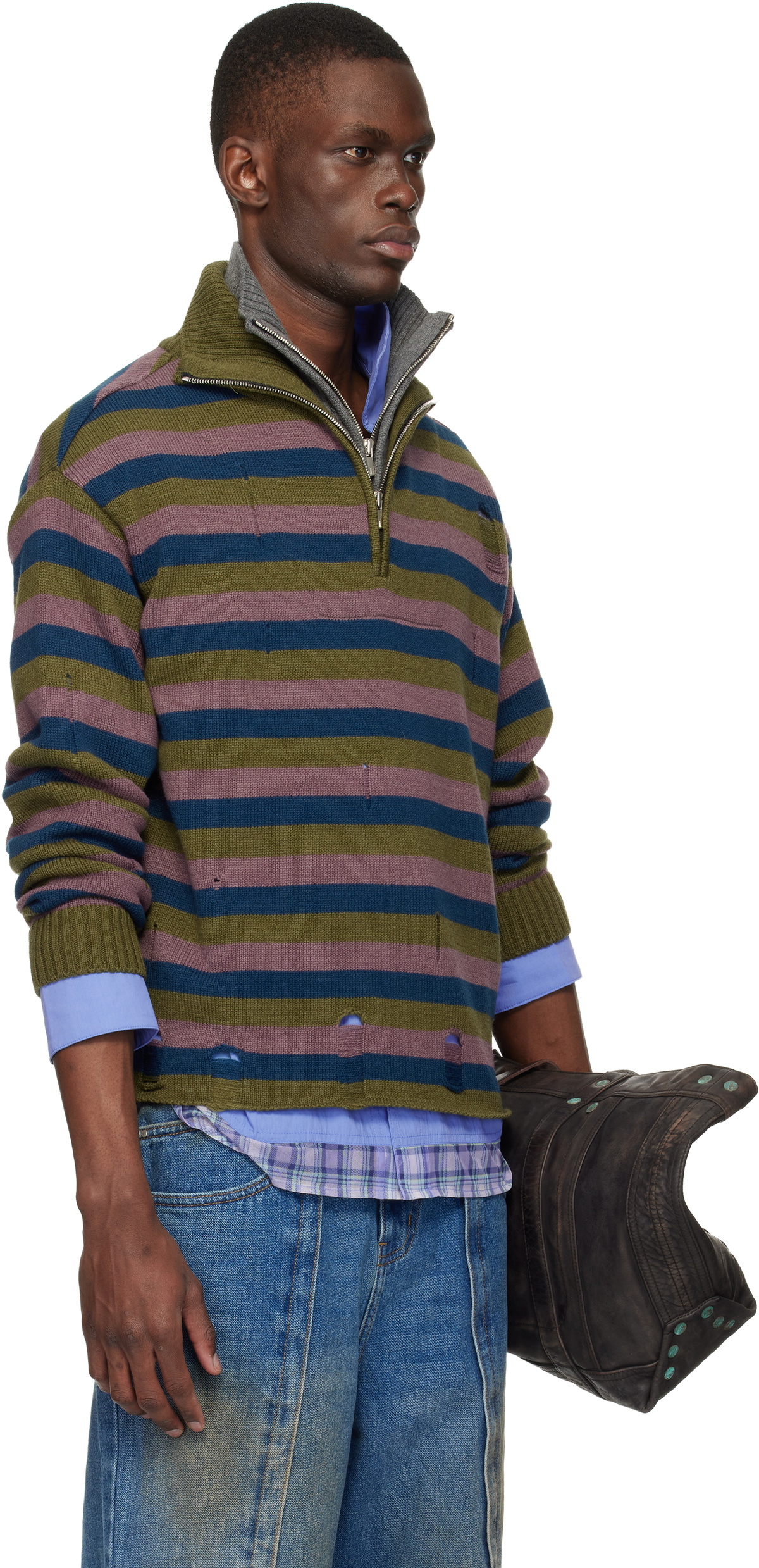 Andersson Bell Blue & Gray Double Layered Stripe Half Zip-Up Sweater