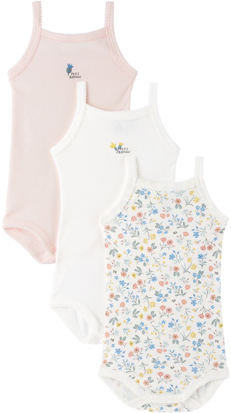 Petit Bateau Baby Three-Pack White & Pink Cotton Rompers