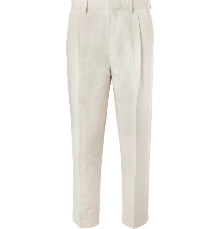 Photo: Mr P. - Cropped Tapered Pleated Linen and Cotton-Blend Twill Trousers - Off-white