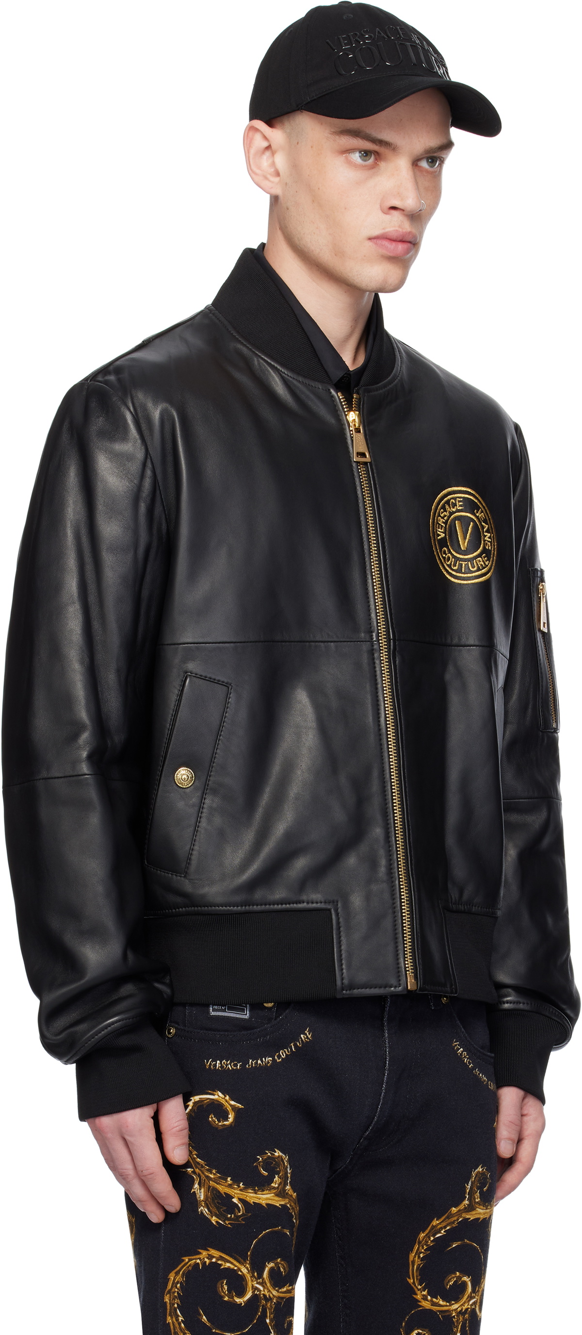 Versace Jeans Couture Black V Emblem Leather Jacket