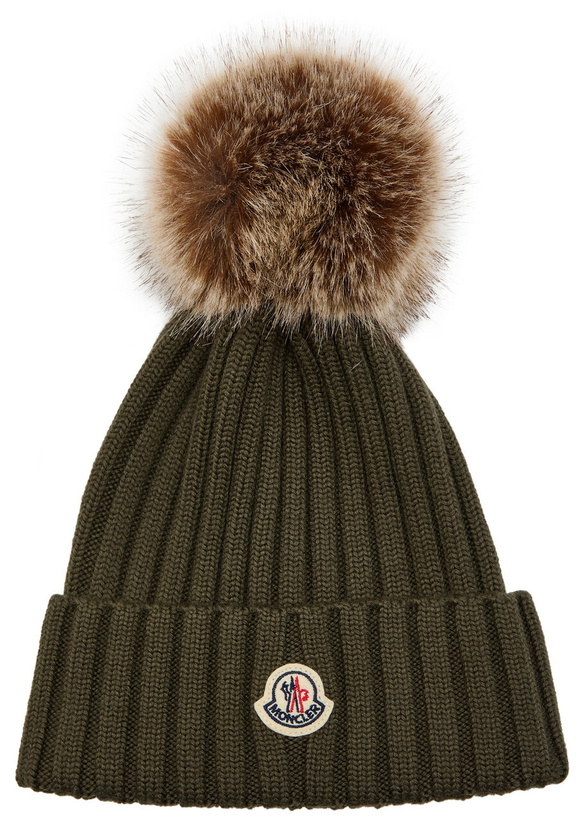 Photo: Moncler Ribbed Wool Bobble hat - Khaki - One Size