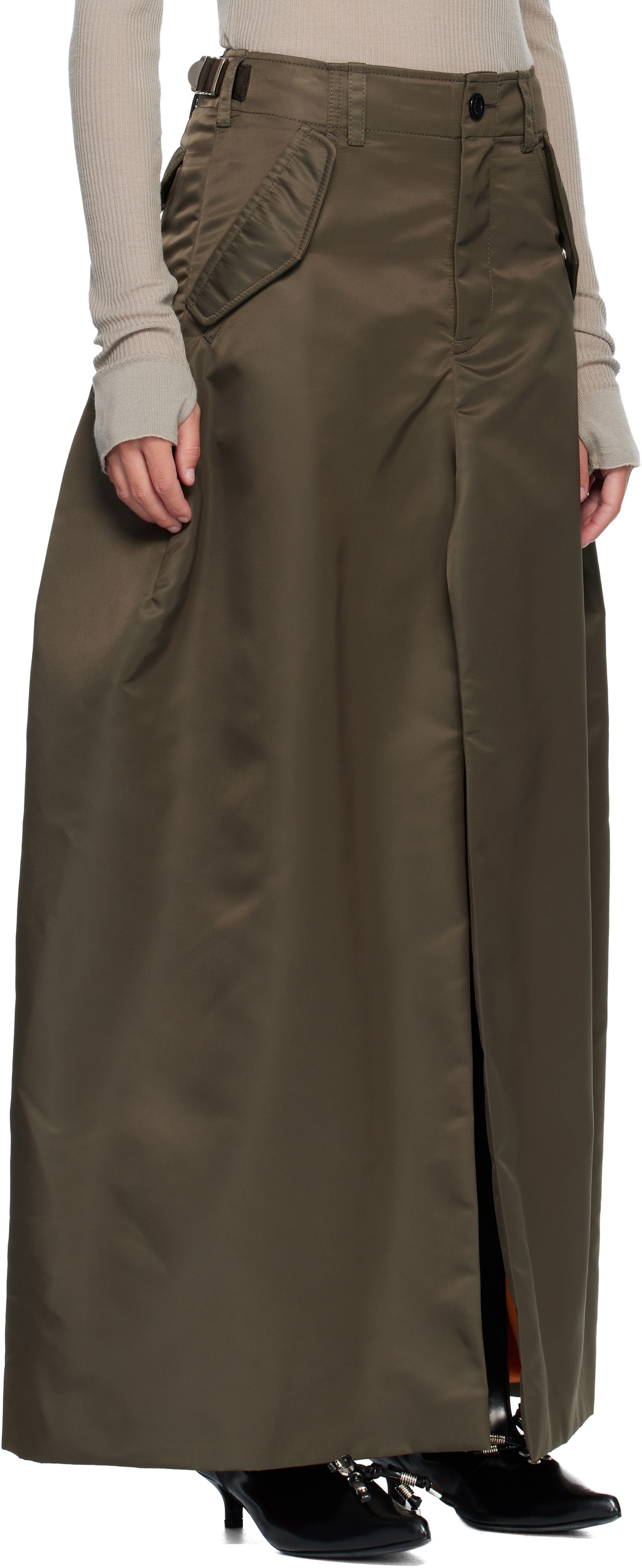 sacai Khaki Nylon Twill Maxi Skirt
