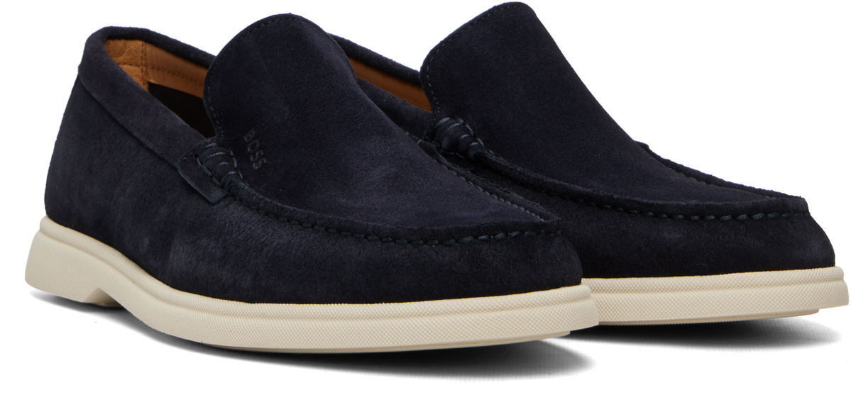 BOSS Navy Debossed-Logo Suede Loafers