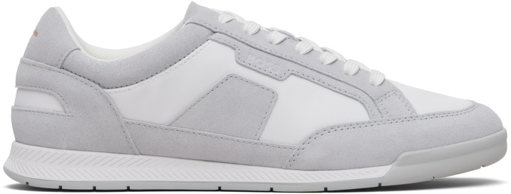 Photo: BOSS Gray & White Satin Low Sneakers