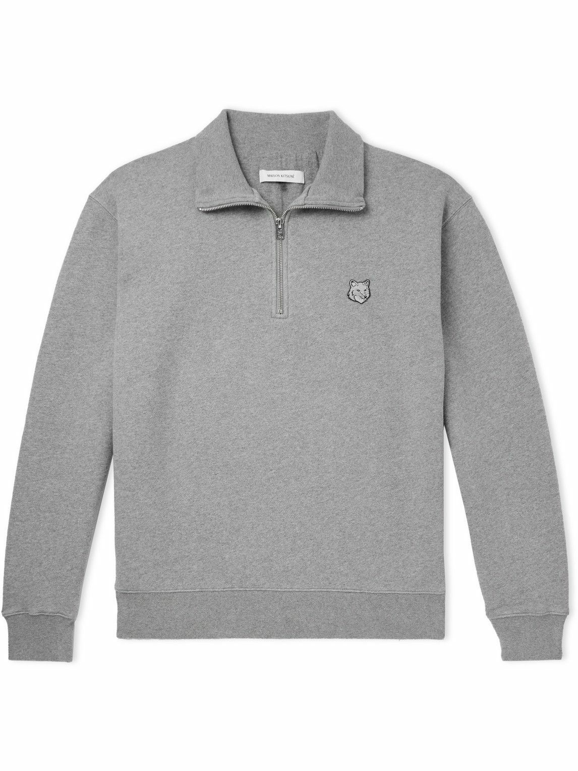 Photo: Maison Kitsuné - Logo-Appliquéd Cotton-Jersey Half-Zip Sweatshirt - Gray
