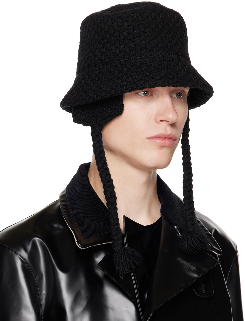 Y's Black Ear Flap Bucket Hat