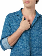MC2 Saint Barth Man Navy Blue Linen Shirt Pamplona With Sashiko Print