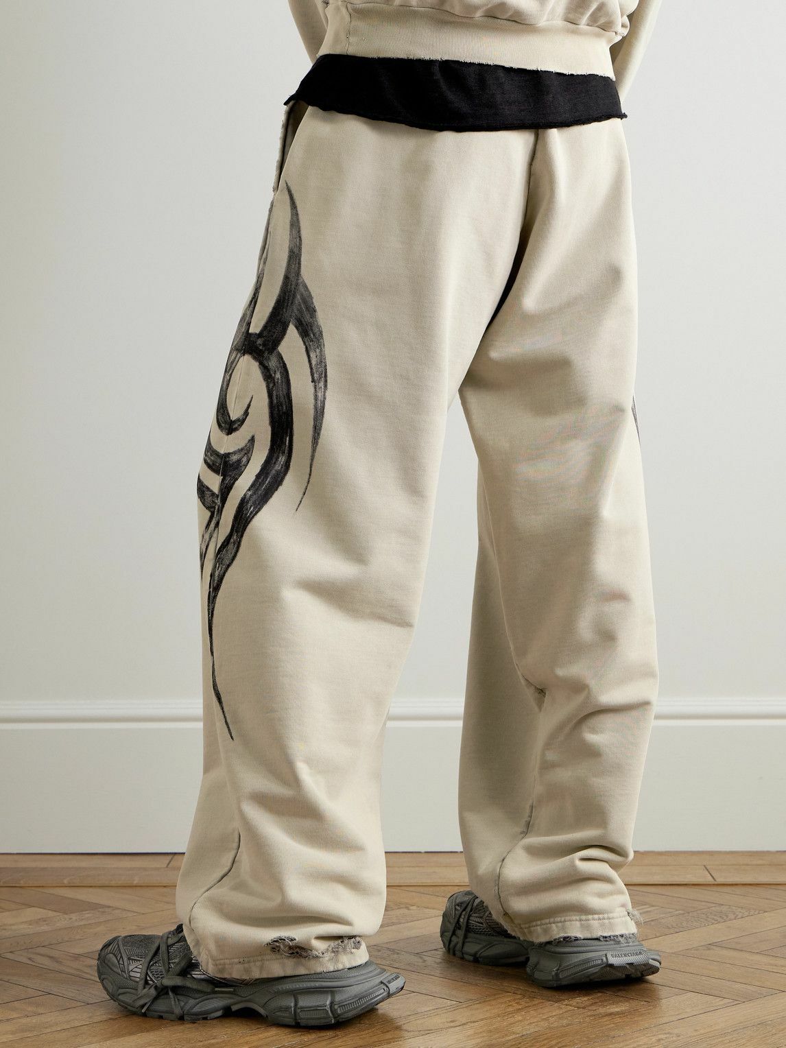 Balenciaga - Wide-Leg Distressed Printed Cotton-Jersey