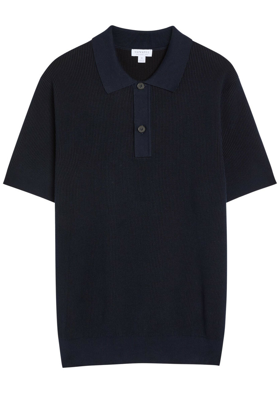 Sunspel Ribbed Knit Cotton Polo Shirt Navy