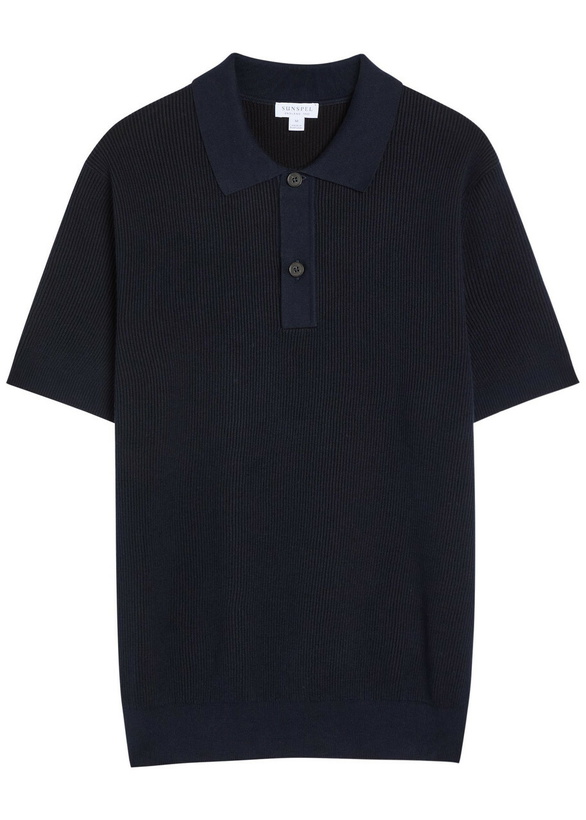 Photo: Sunspel Ribbed Knit Cotton Polo Shirt Navy