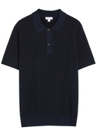 Sunspel Ribbed Knit Cotton Polo Shirt Navy