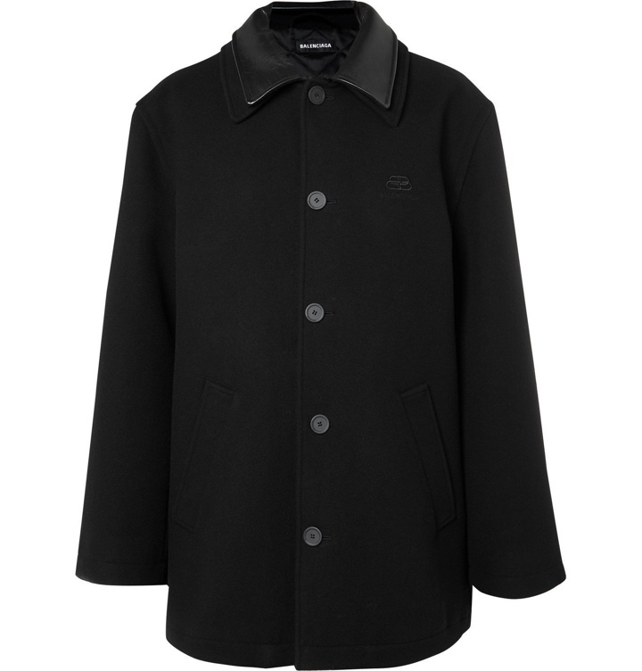 Photo: Balenciaga - Logo-Embroidered Leather-Trimmed Brushed Wool and Cashmere-Blend Padded Coat - Black