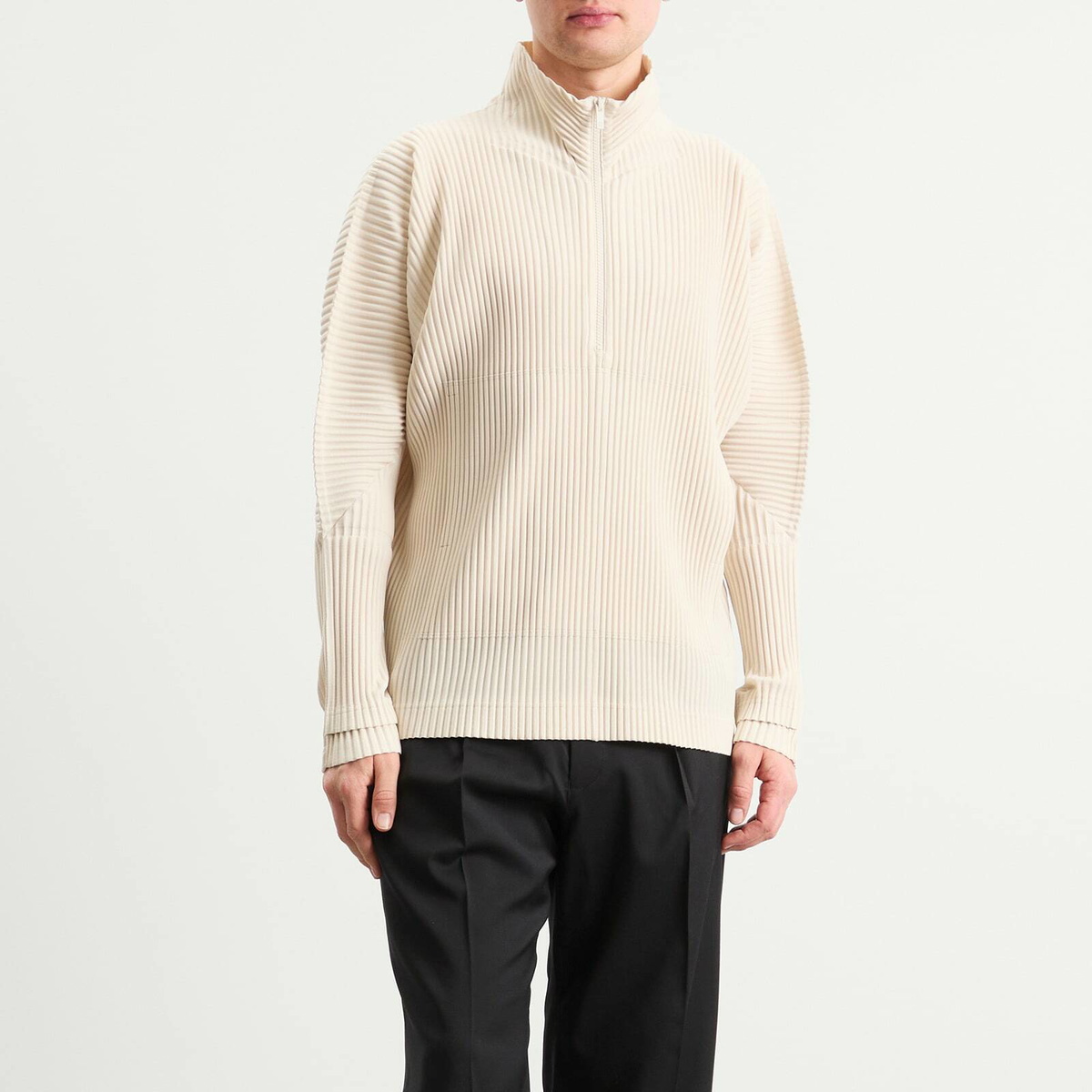 Homme Plissé Issey Miyake Men's Pleat Half Zip Through Top in Duomo Beige