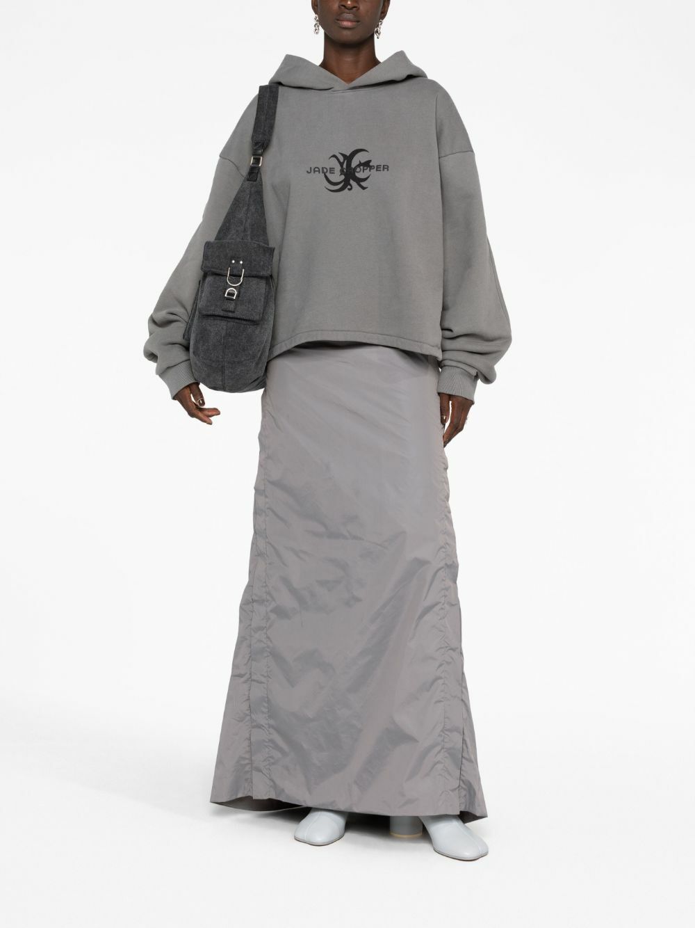 Jade Cropper Grey Logo-Print Asymmetric Hoodie