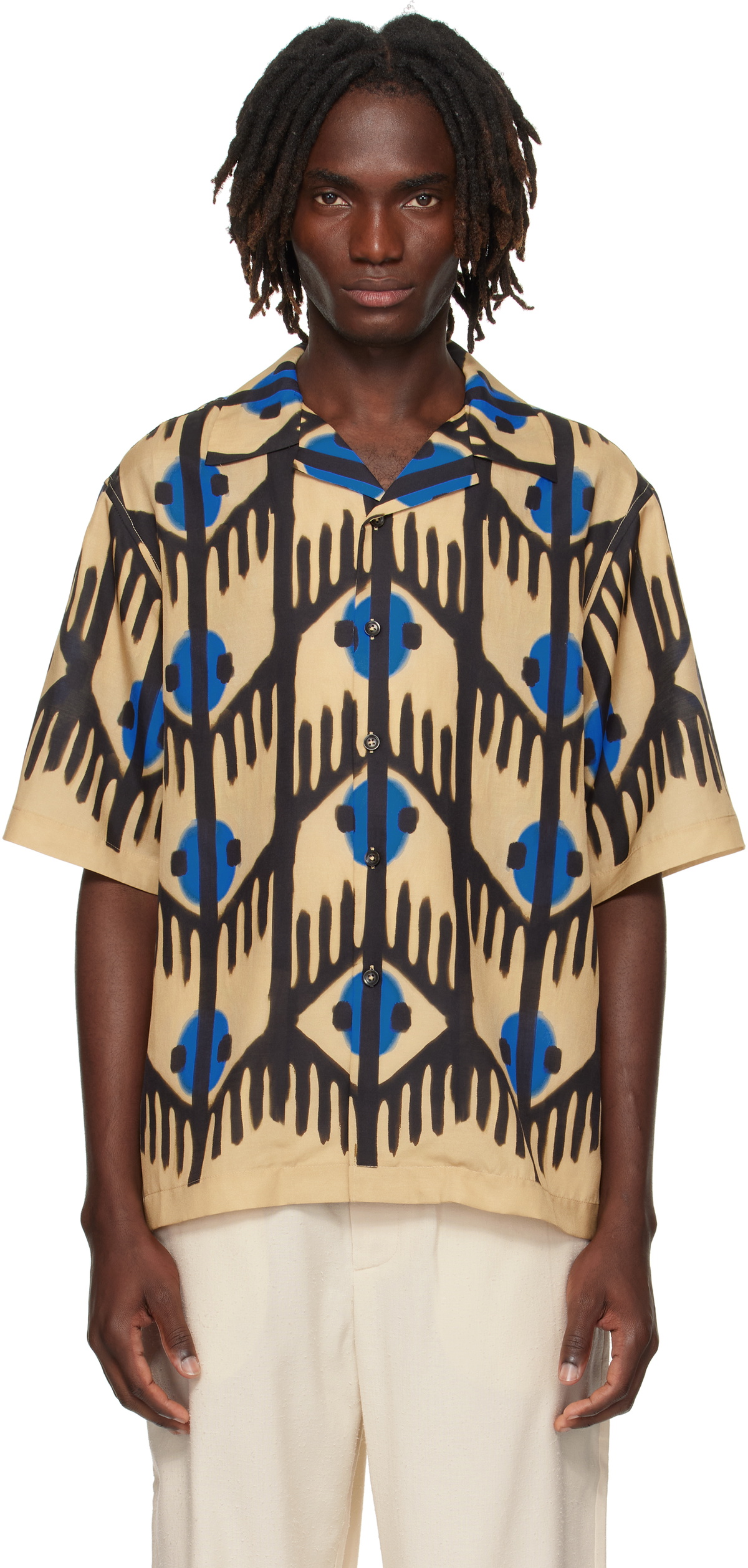 COMMAS Multicolor Geometric Print Silk Camp Collar Shirt