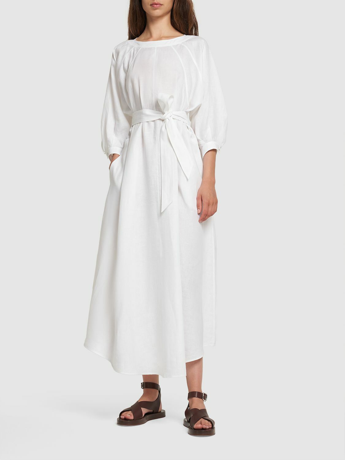 knee length dresses for ladies Foxcroft Abby Linen Giraffe 3/4 Sleeve Dress New Leaf Giraffe Pattern / XL main image 0