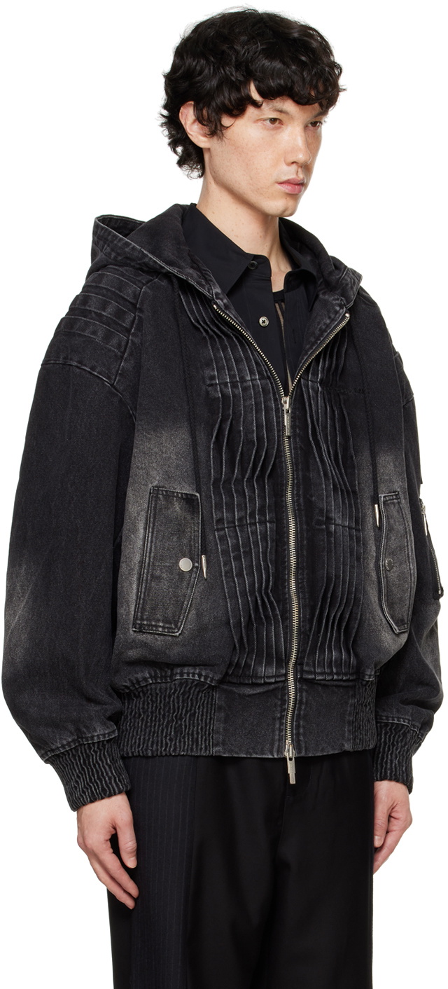 Feng Chen Wang Black Pleated Denim Jacket Feng Chen Wang 