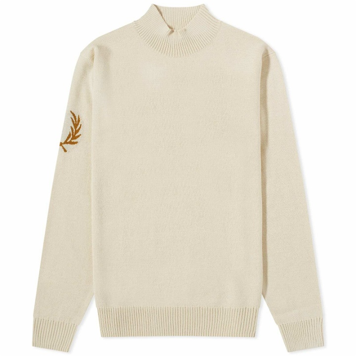 Photo: Fred Perry Men's Intarsia Laurel Wreath Mock Neck Knit in Oatmeal
