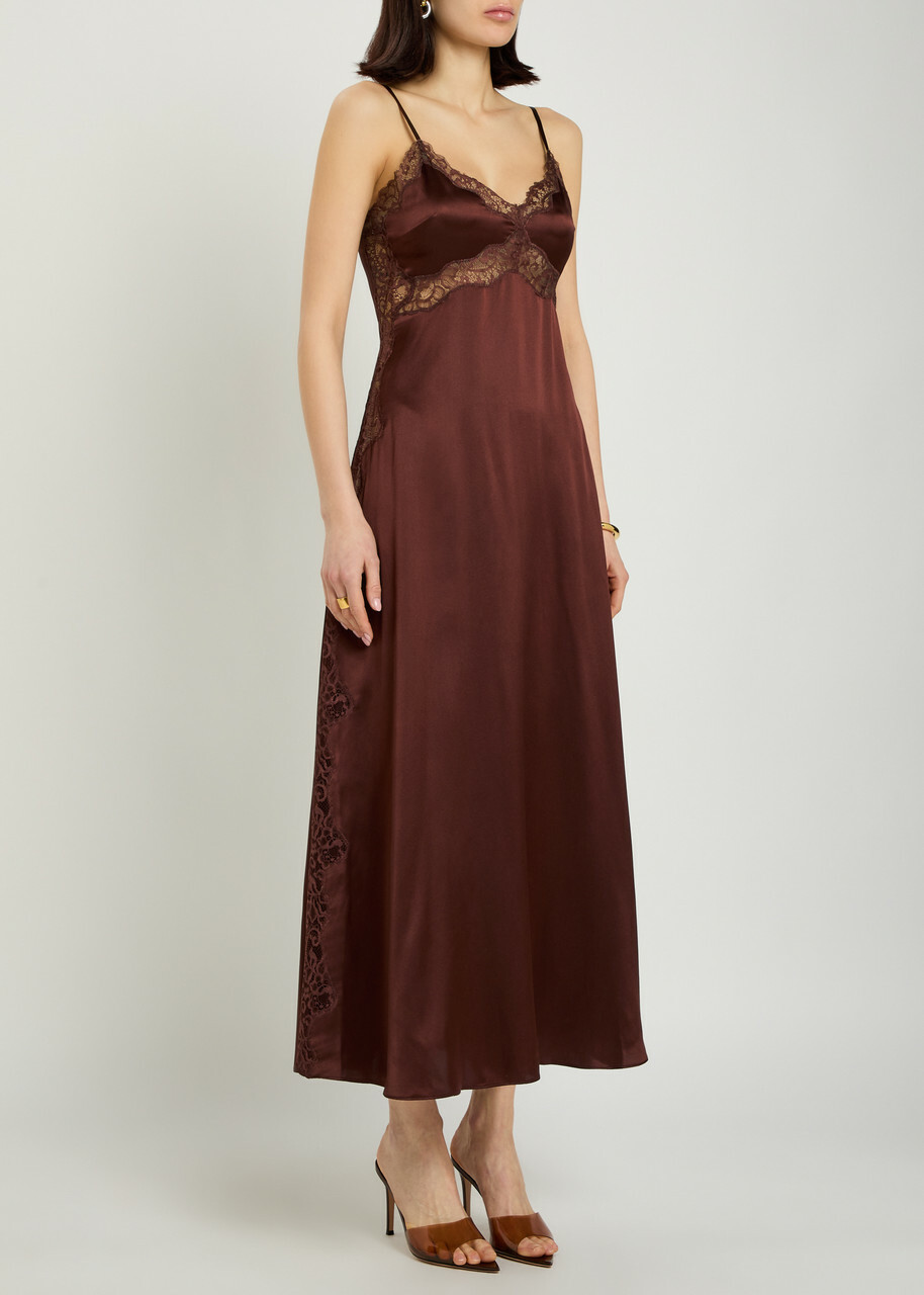 Reformation Ericka Lace-trim Silk Midi Slip Dress Dark Brown