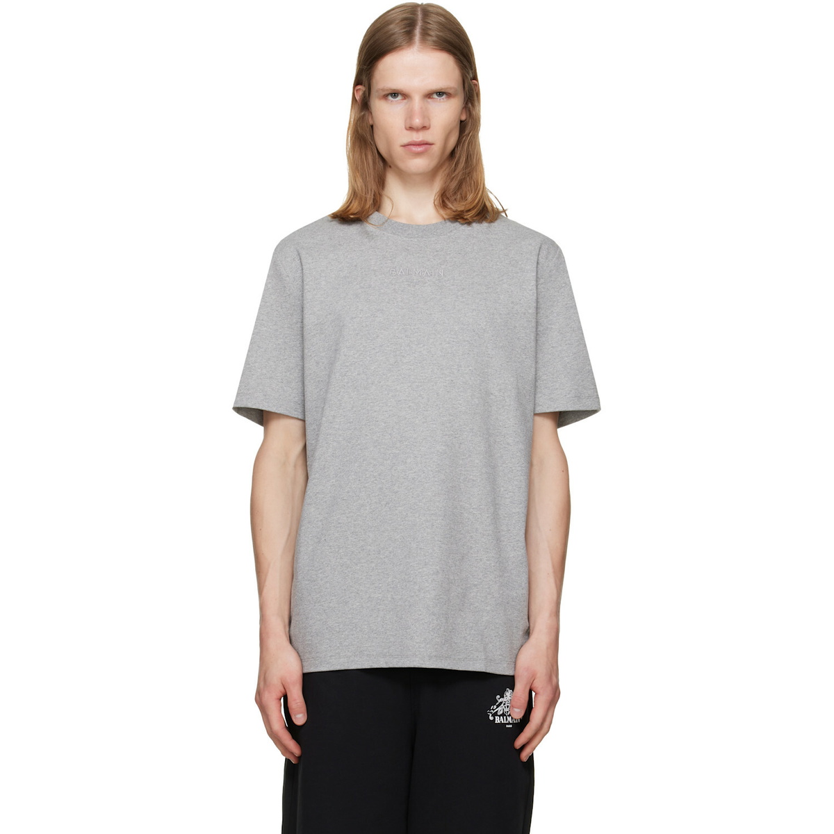 BALMAIN Gray Embroidered 'Balmain Paris' T-shirt