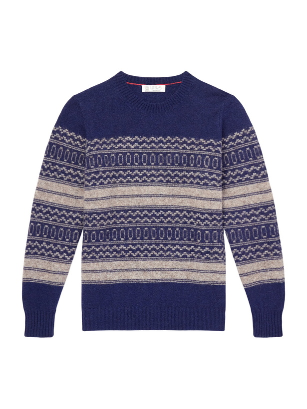 Photo: Brunello Cucinelli - Fair isle Brushed-Knit Alpaca-Blend Sweater - Blue