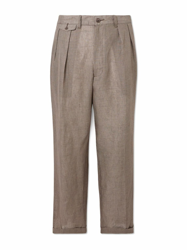 Photo: Beams Plus - Straight-Leg Pleated Checked Linen and Cotton-Blend Trousers - Brown