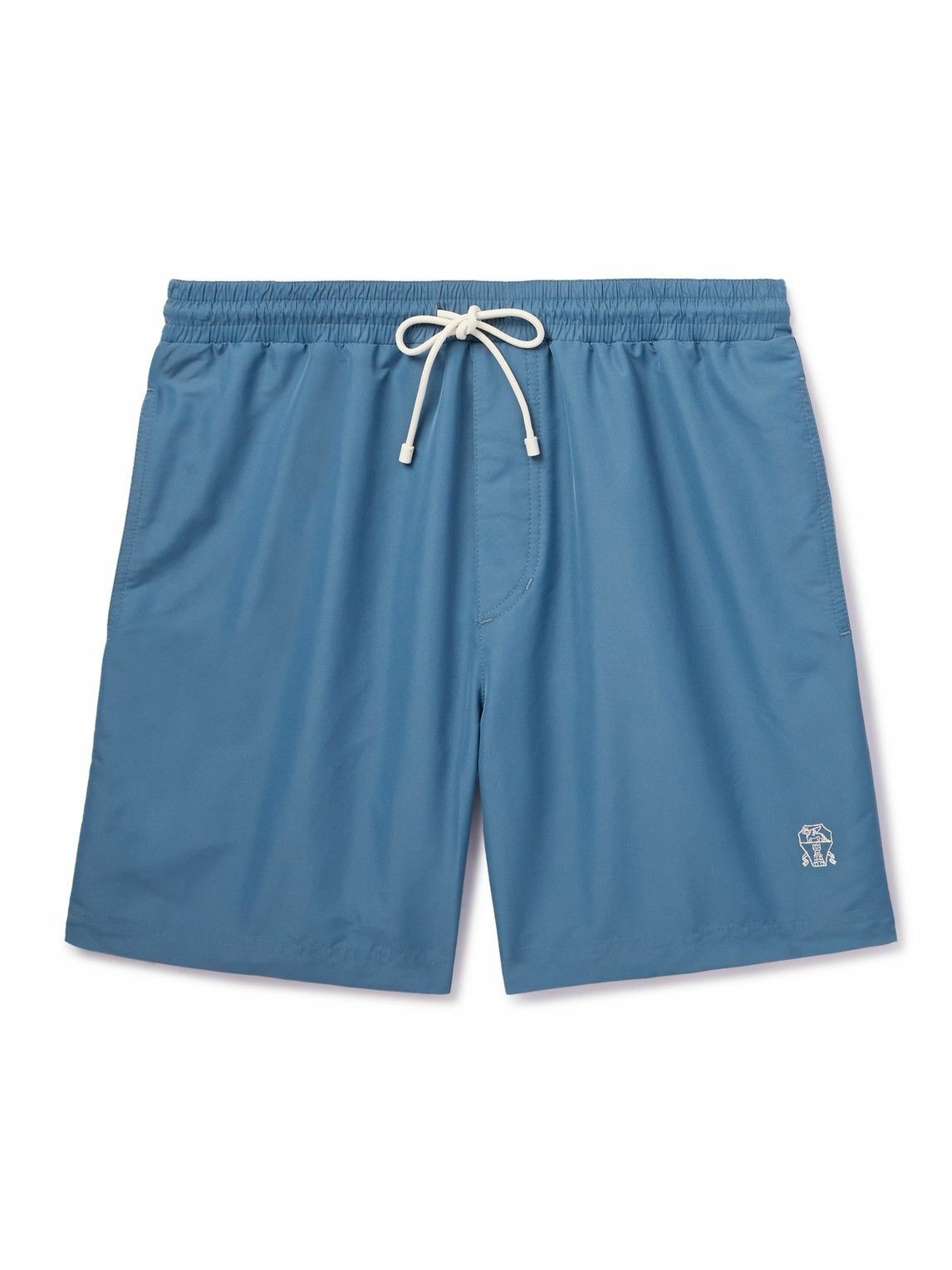 Photo: Brunello Cucinelli - Straight-Leg Mid-Length Logo-Embroidered Swim Shorts - Blue