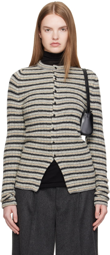 Photo: AURALEE Gray Shetland Wool Cashmere Rib Knit Crew-Neck Cardigan
