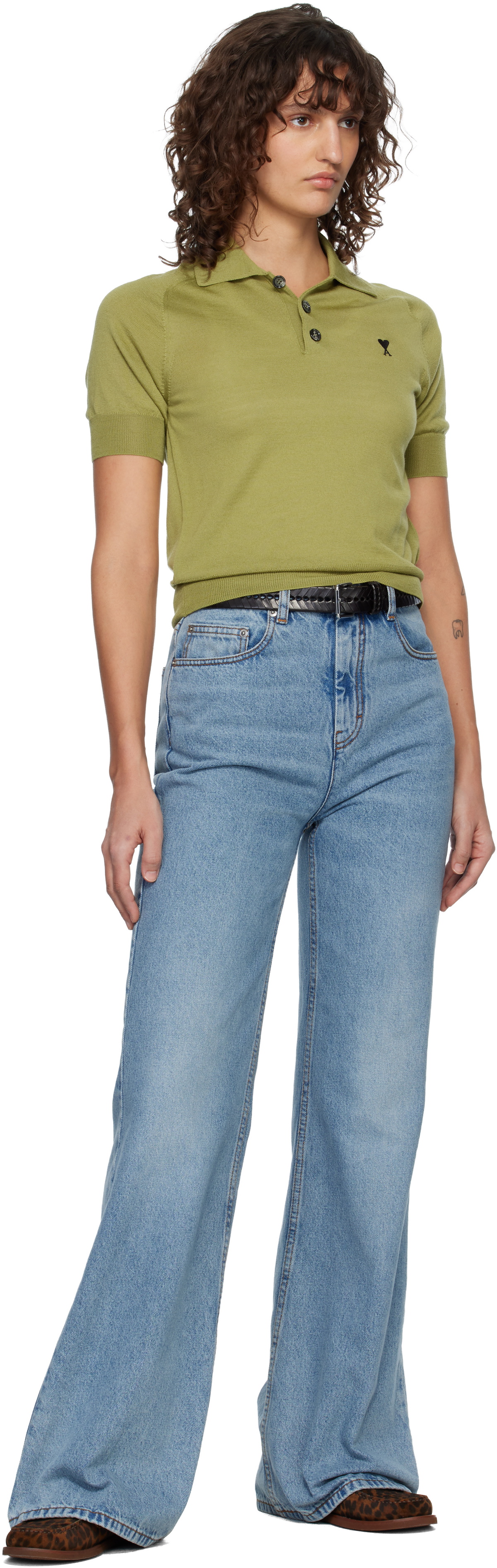 AMI Paris Green Wool Short Sleeves Ami De Coeur Polo