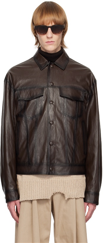 Photo: System Brown Spread Collar Faux-Leather Jacket