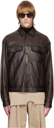 System Brown Spread Collar Faux-Leather Jacket