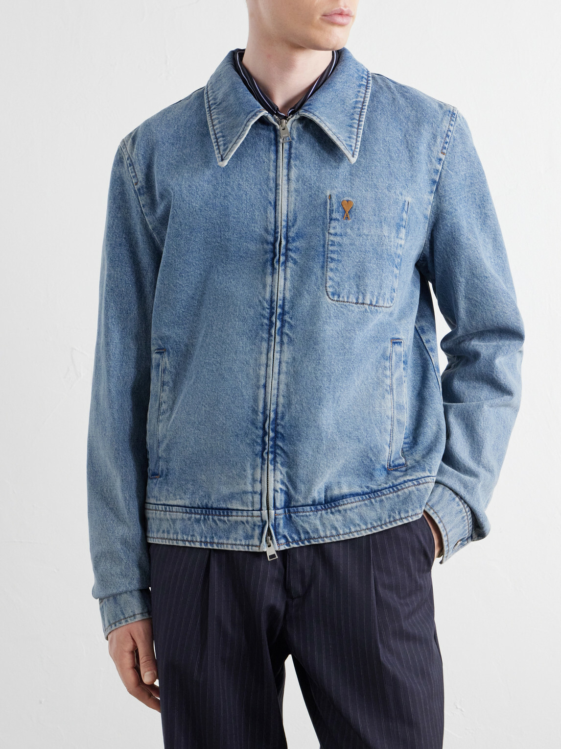 AMI PARIS - Logo-Embroidered Washed-Denim Jacket - Blue