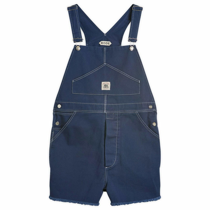 Photo: Bode Women's Knolly Brook Overall Shorts in Dark Navy