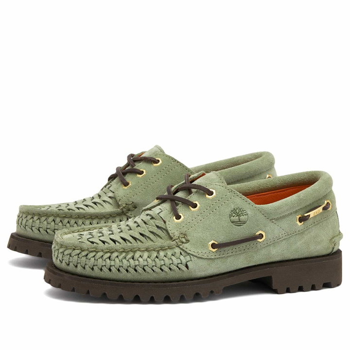 Photo: END. x Timberland Men's Authentic 3 Eye Boat Shoe in Light Green Suede