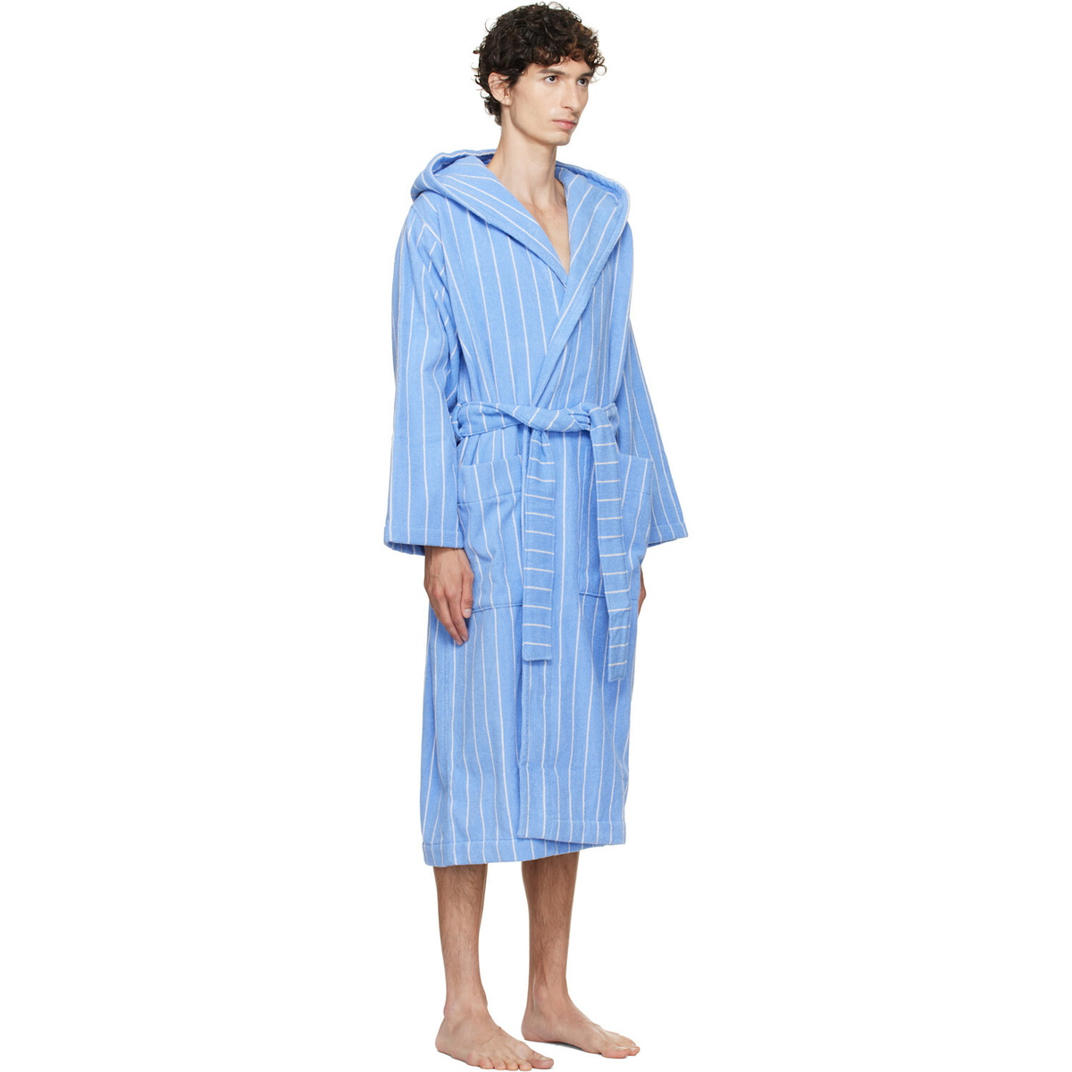 Tekla Blue & White Terry Hooded Bathrobe