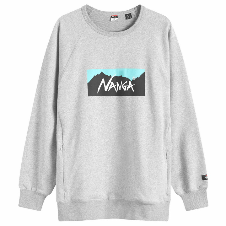 Photo: Nanga Men's Eco Hybrid Box Logo Sweatshirt in Light Grey/Turquoise